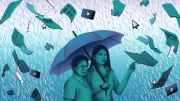 Illustration of a young Asian woman holding an umbrella while walking with an older Asian woman; both are being shielded by falling exclamation points and YouTube thumbnails